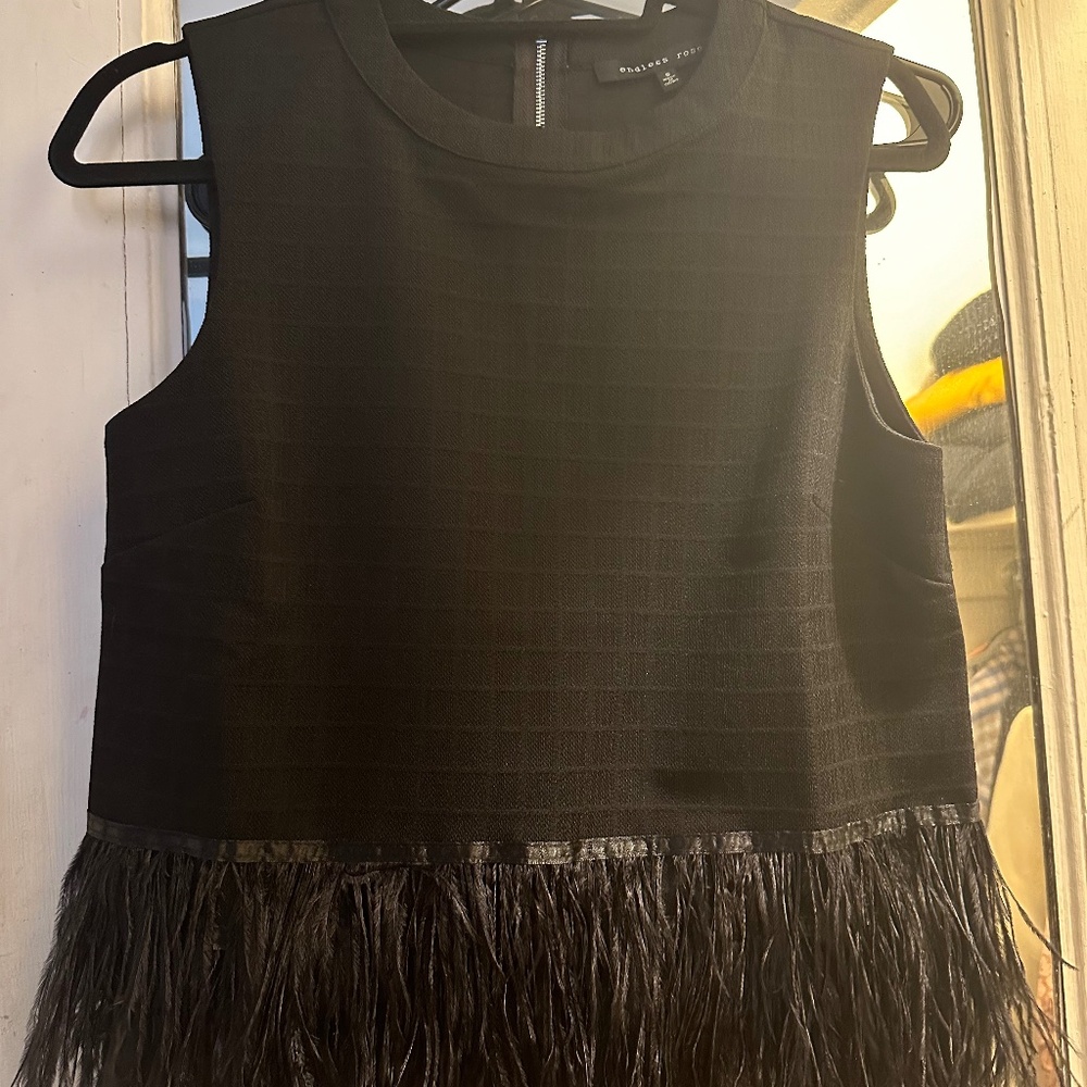 Black endless rose top with feathers